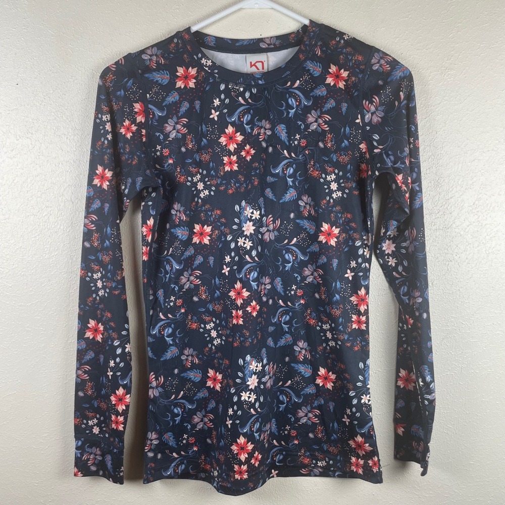 Kari Traa Else Womens Small Navy Blue Floral‎ Long Sleeve Base Layer Top 622926